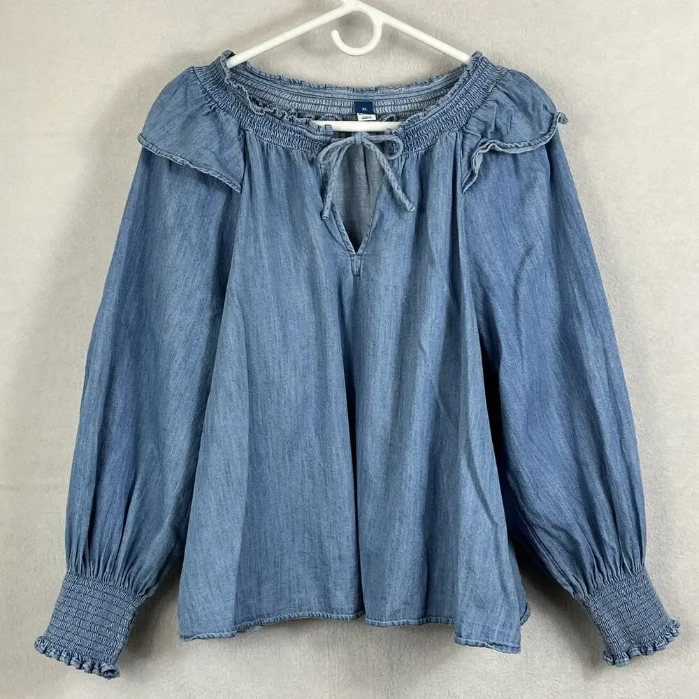 Old Navy Puff-Sleeve Blouse Women's XL Non-Stretch Chambray Ruffle-Trimmed Poet